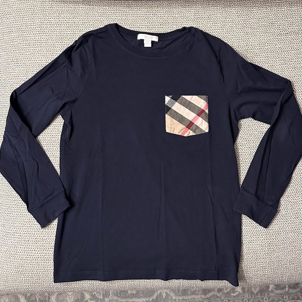 Burberry Kids Long Sleeve Navy T-Shirt with Vintage Check Pocket